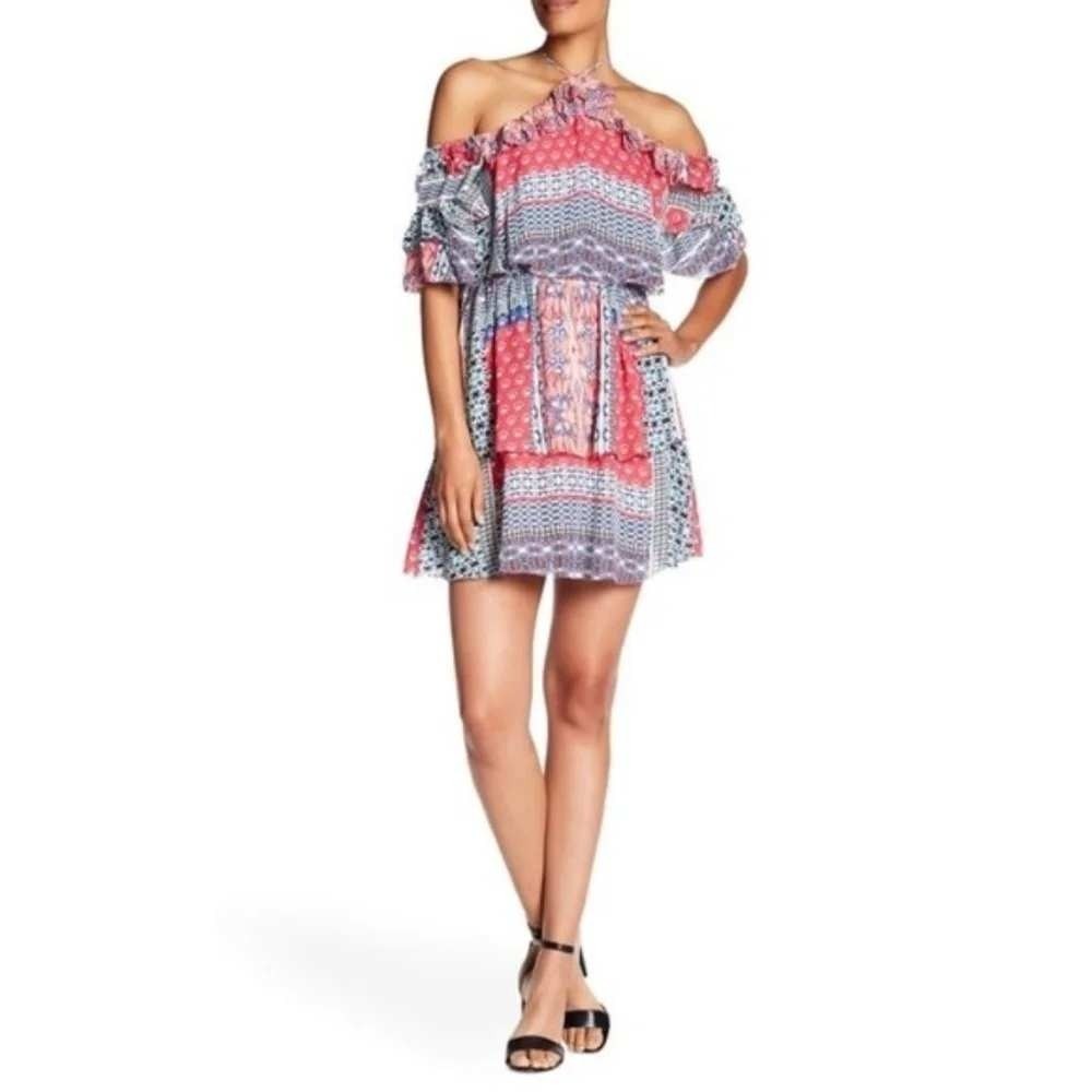 Parker NY Silk Off‎ Shoulder Dress Boho Patchwork Ruffle Mini Size 10  NWT